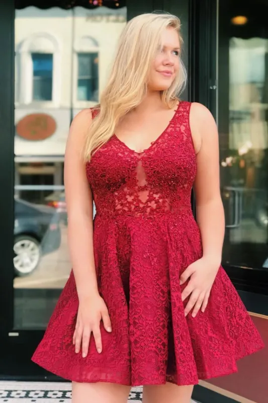 A Line Lace Red Homecoming Dress Short Sheer Back sold by My Chic Dress