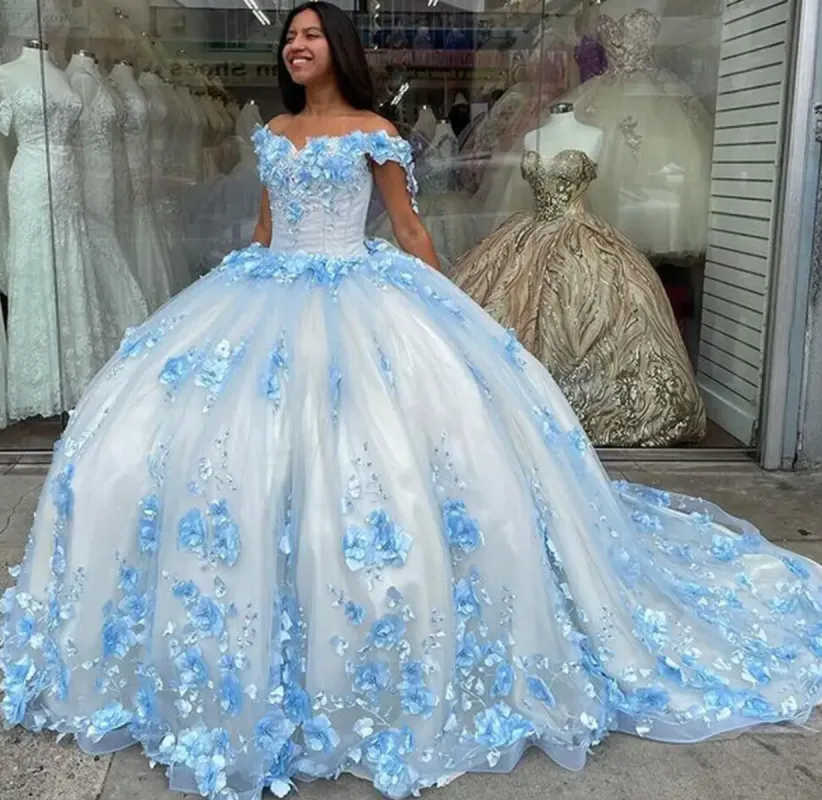 Blue Lace Sweet 16 Dress Off The Shoulder 3D Flowers Quinceanera Dresses sold by My Chic Dress
