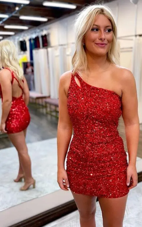 One Shoulder Red Homecoming Dresses Sequin Short Back To School Party Dress sold by My Chic Dress