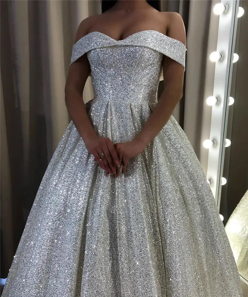 Shiny Silver Sequin Wedding Dresses Off the Shoulder Country Garden Bridal Gown sold by My Chic Dress product image thumbnail 4
