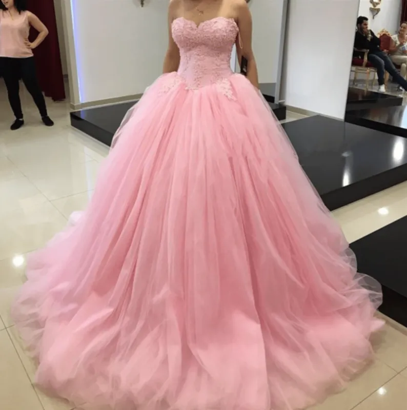Lace Pink Quince Dress Bodice Strapless Tulle Ball Gown Wedding Dress sold by My Chic Dress