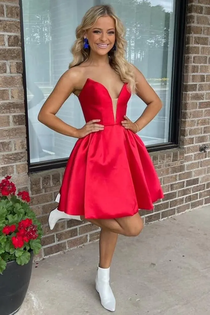 A Line V Neck Red Satin Short Homecoming Dresses 2025 sold by My Chic Dress product image thumbnail 2
