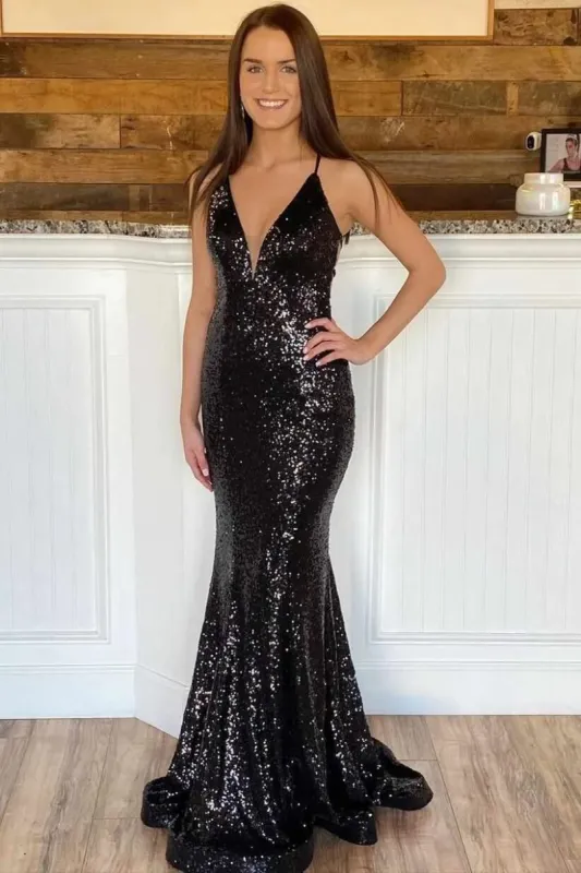 Glitter Black UK Prom Dress Deep V Neck Long Evening Dress Sequins sold by My Chic Dress
