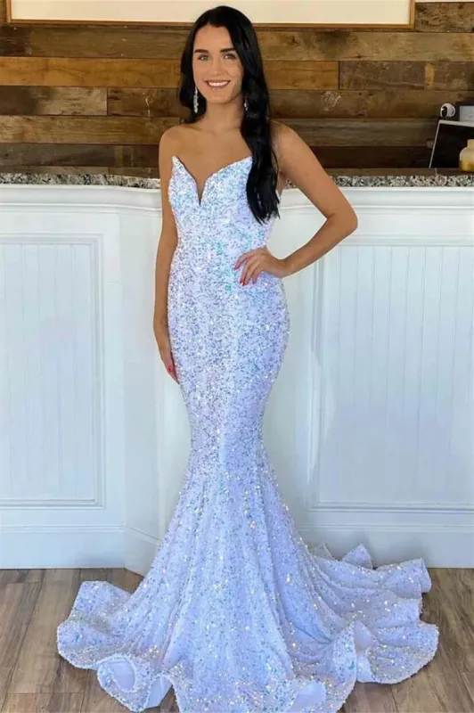 Iridescent Sequins V Neck Long Evening Dress UK Mermaid Prom Dress White sold by My Chic Dress