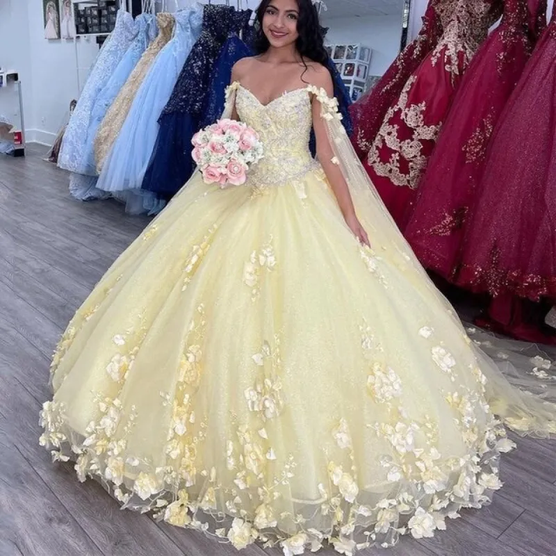 Pastel Yellow Quinceanera Dresses Sweetheart With Cape Ball Gowns XV 3D Flowers Tulle sold by My Chic Dress