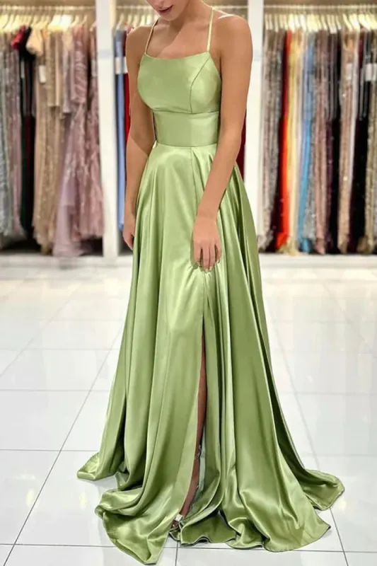Simple Sage Green Satin Prom Dresses A-line Cheap Evening Dress Backless with Split sold by My Chic Dress