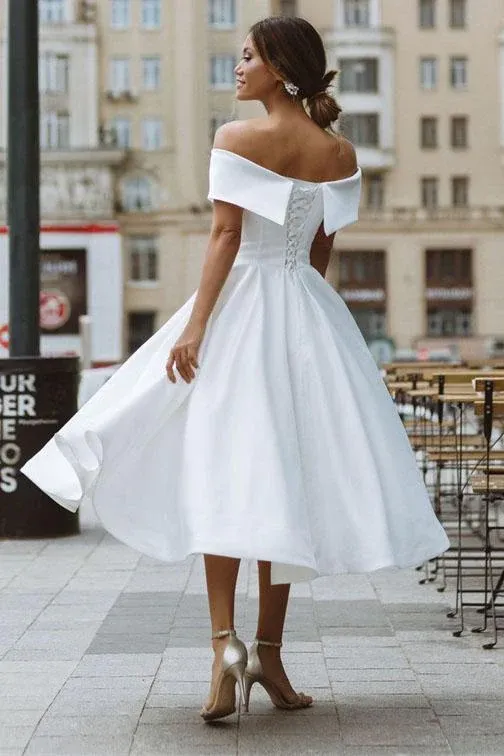 Beach White Short Wedding Dress Satin Graduation Dress Off the Shoulder sold by My Chic Dress product image thumbnail 3