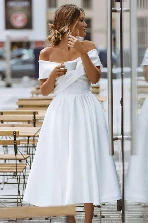 Beach White Short Wedding Dress Satin Graduation Dress Off the Shoulder sold by My Chic Dress product image thumbnail 2