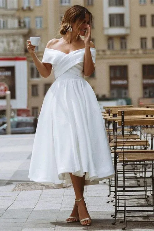 Beach White Short Wedding Dress Satin Graduation Dress Off the Shoulder sold by My Chic Dress