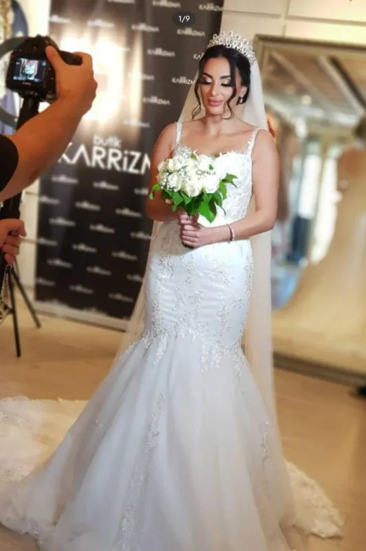 Princess Long Mermaid Lace Wedding Dresses Tulle Straps with Applique sold by My Chic Dress