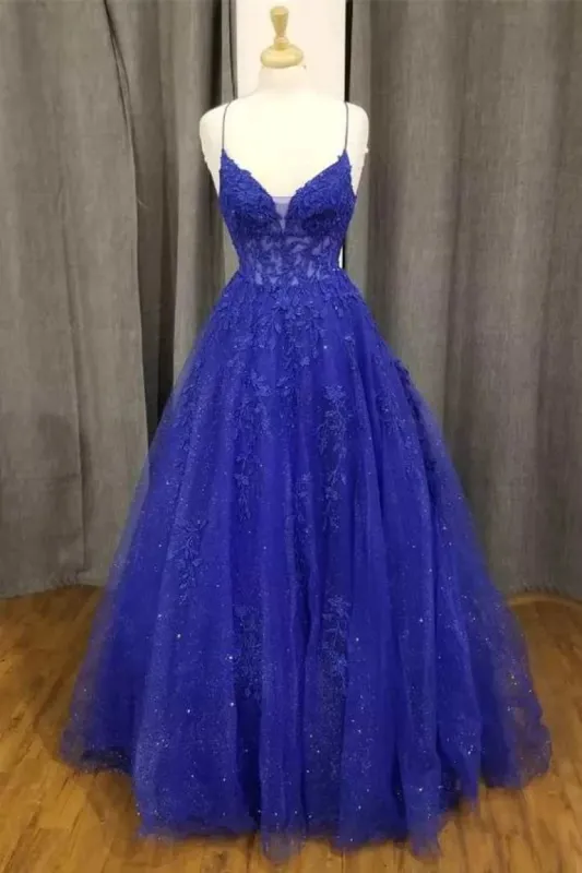 A-Line Royal Blue Formal Gown Long V-Neck Lace Prom Dress Applique sold by My Chic Dress