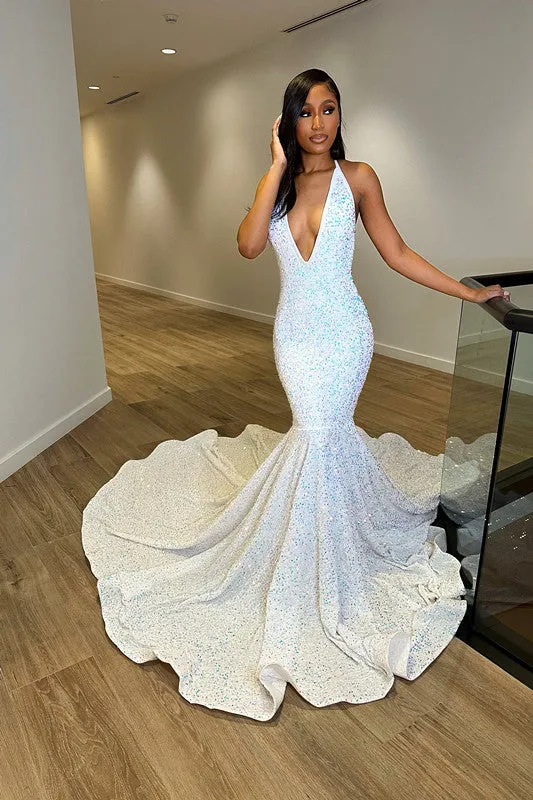 White Iridescent Sequin Prom Dress V Neck Mermaid Formal Evening Gown Straps sold by My Chic Dress product image thumbnail 2