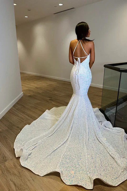 White Iridescent Sequin Prom Dress V Neck Mermaid Formal Evening Gown Straps sold by My Chic Dress product image thumbnail 3