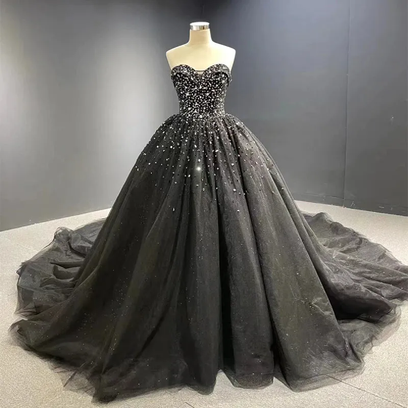 Luxury Crystals Black Wedding Dresses Gothic Sweetheart Tulle Quince Dress sold by My Chic Dress