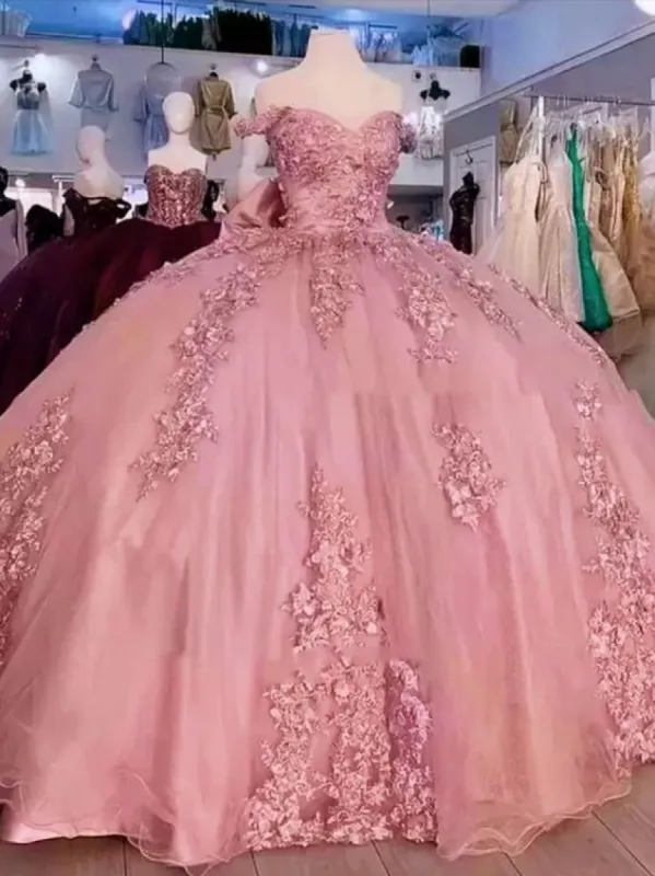 Off the Shoulder Rose Pink Quinceanera Dress Lace Applique Sweet 15 Dress sold by My Chic Dress