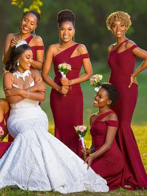 Hot Off Shoulder Long Bridesmaid Dress Burgundy Mermaid Wedding Party Dresses sold by My Chic Dress