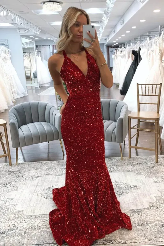 Red Mermaid Formal Dresses Sequins V Neck Long Prom Dresses sold by My Chic Dress