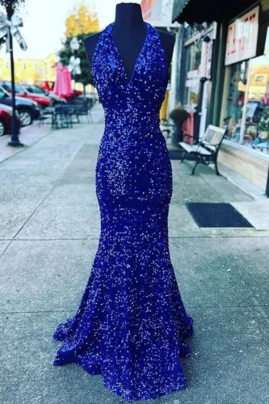 2025 Halter Royal Blue Sequin Evening Dresses UK Long Prom Dress sold by My Chic Dress