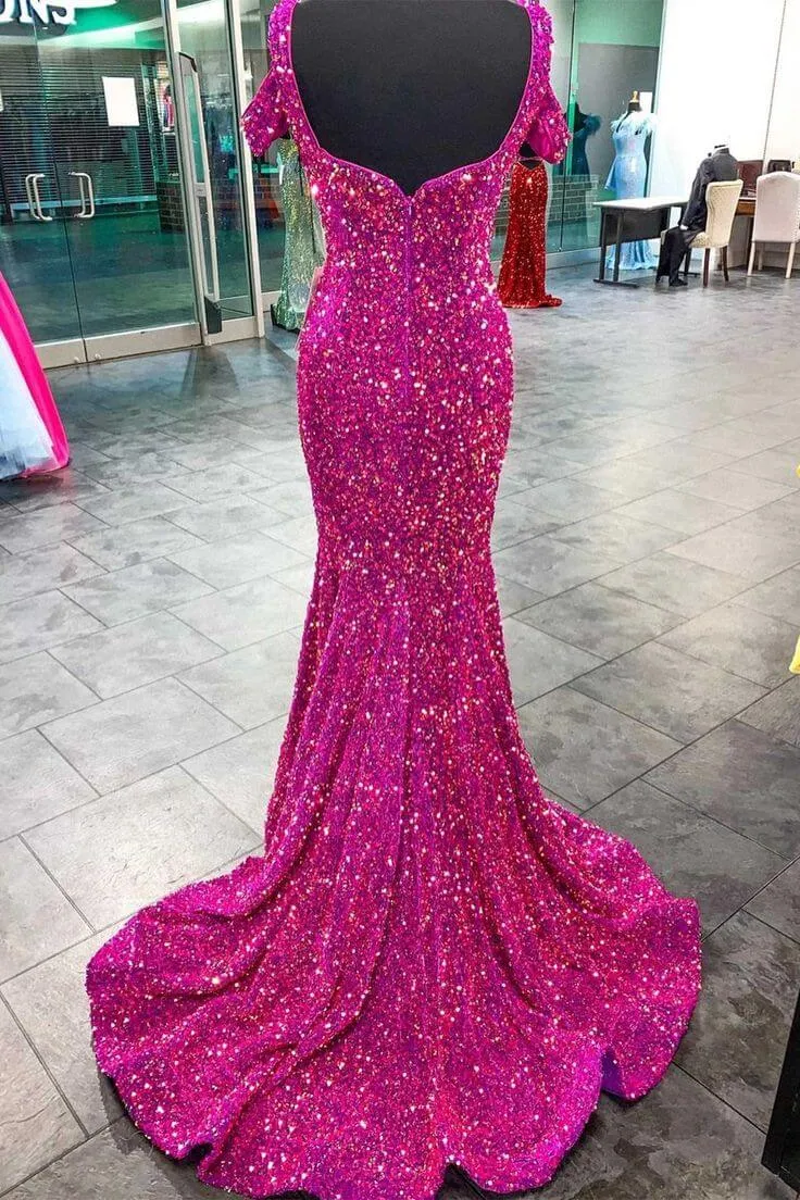 2025 Fuchsia Sequin Formal Dresses Magenta Cold-Shoulder Mermaid Prom Dress Long sold by My Chic Dress product image thumbnail 2