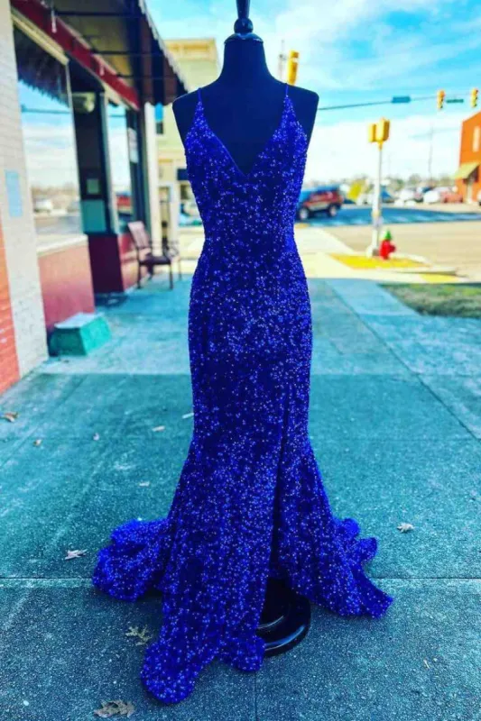 V Neck Royal Blue Evening Dresses UK Seqins Long Prom Dress Mermaid with Split sold by My Chic Dress