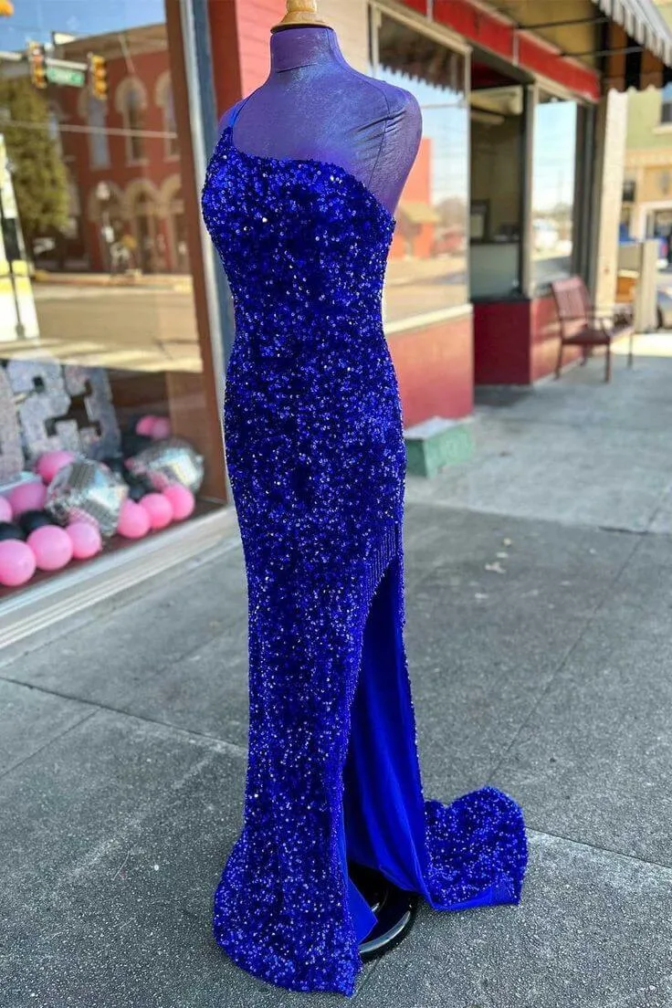 Long Sequin Prom Dress Royal Blue Formal Dresses One-Shoulder sold by My Chic Dress
