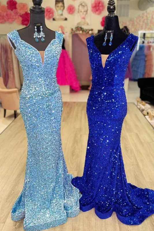 Glitter V-Neck Sequins Formal Dress Cap Sleeves Long Mermaid Prom Dress sold by My Chic Dress