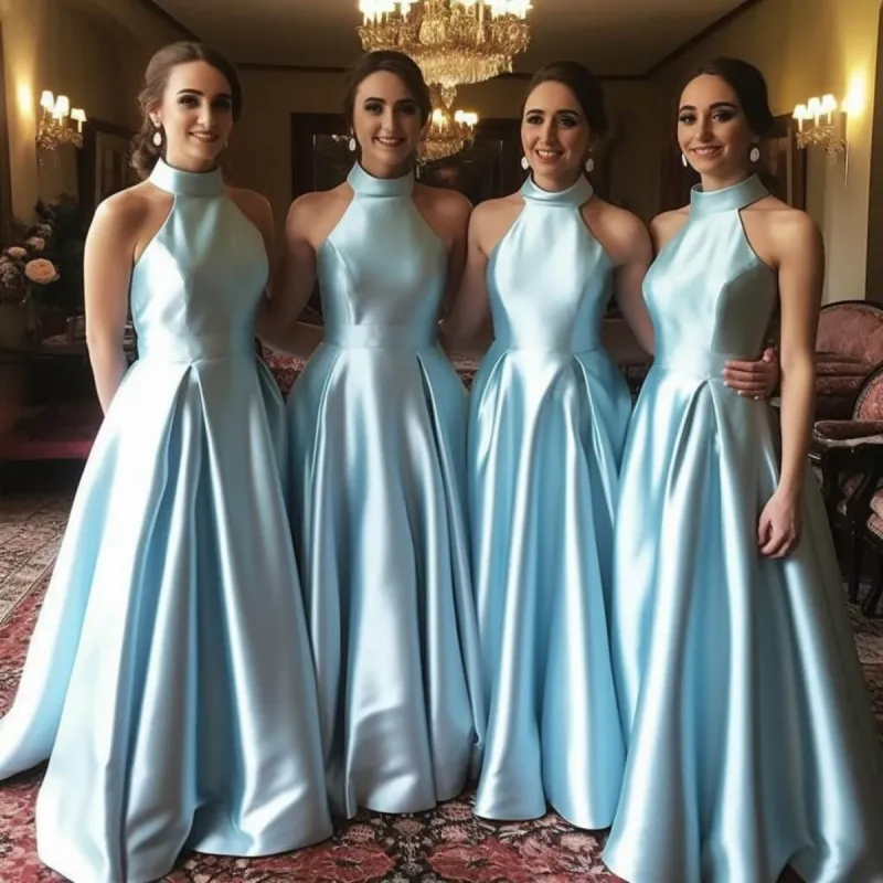 Hot Halter Blue Satin Bridesmaid Dresses Sleeveless A Line Wedding Party Dress sold by My Chic Dress