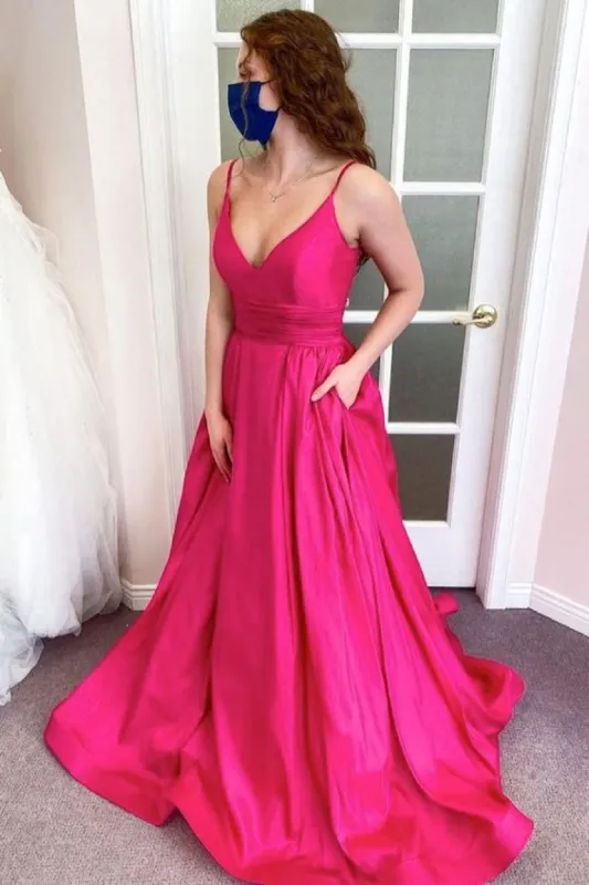 Fuchsia Long Prom Dresses Magenta V Neck Sleeveless Evening Gown UK sold by My Chic Dress