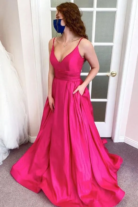 Fuchsia Long Prom Dresses Magenta V Neck Sleeveless Evening Gown UK sold by My Chic Dress