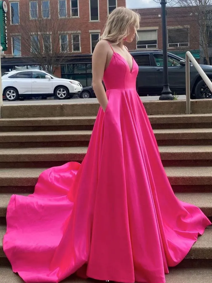 Simple Fuchsia Evening Dresss Long V Neck Satin Prom Dress with Pock sold by My Chic Dress product image thumbnail 2