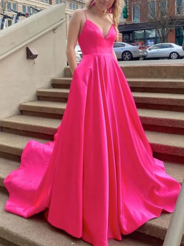 Simple Fuchsia Evening Dresss Long V Neck Satin Prom Dress with Pock sold by My Chic Dress