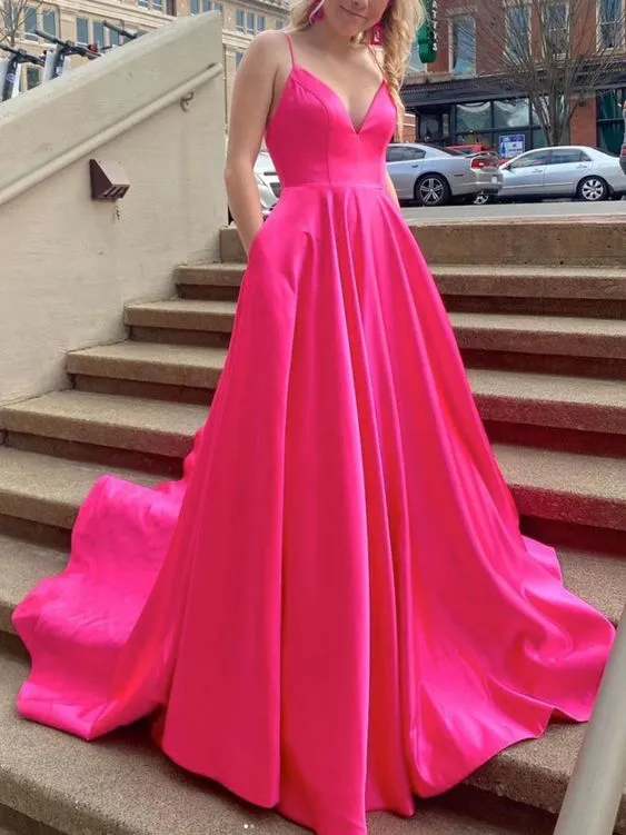 Simple Fuchsia Evening Dresss Long V Neck Satin Prom Dress with Pock sold by My Chic Dress