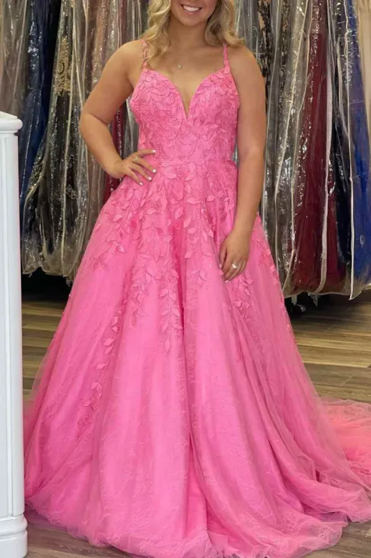 A-line Pink Lace Evening Dresses Appliques V Neck Prom Dress sold by My Chic Dress