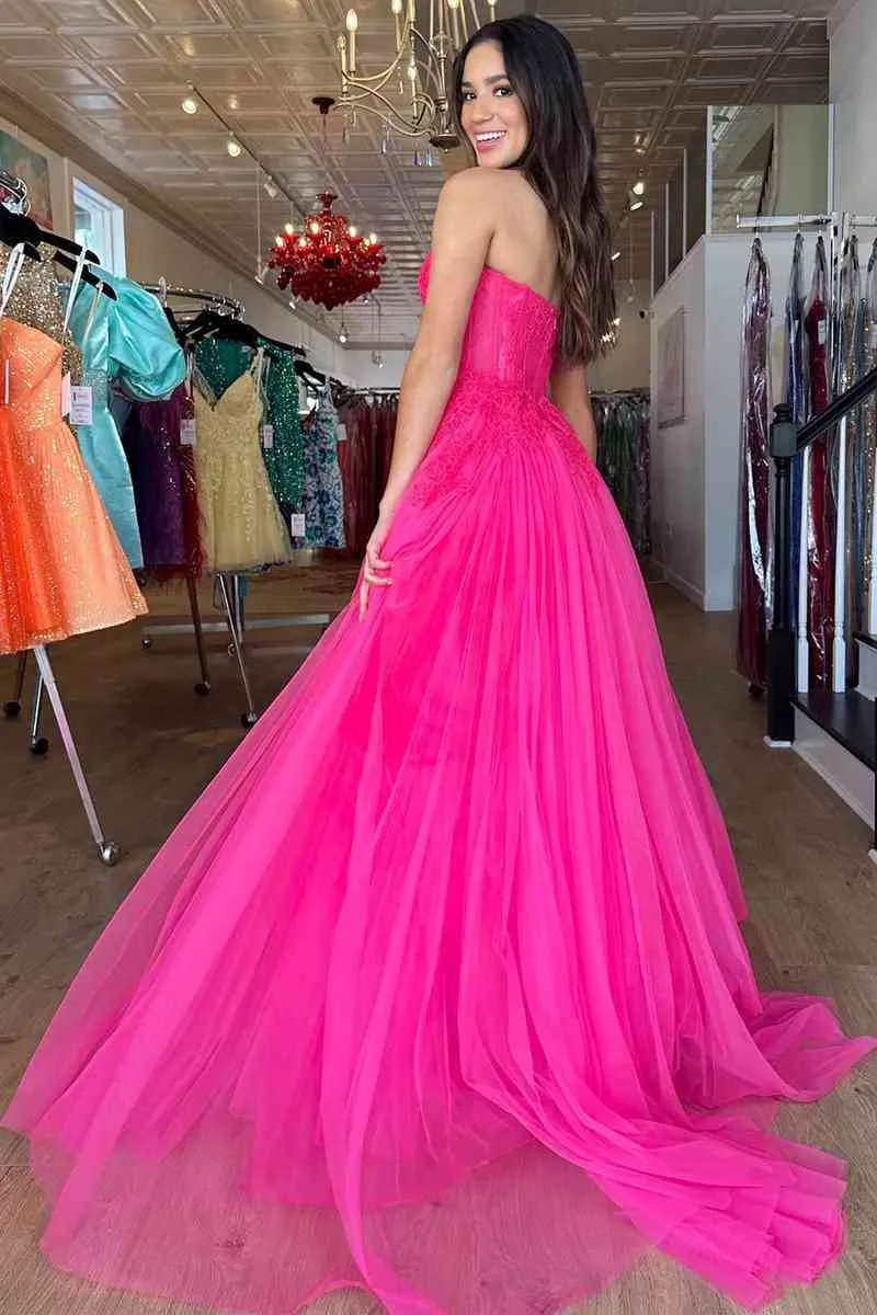 2025 A-Line Hot Pink Prom Dresses Long Evening Dress Sweetheart with Appliques sold by My Chic Dress product image thumbnail 3