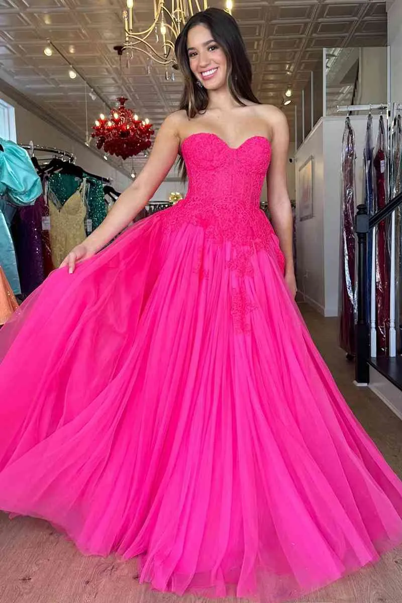 2025 A-Line Hot Pink Prom Dresses Long Evening Dress Sweetheart with Appliques sold by My Chic Dress