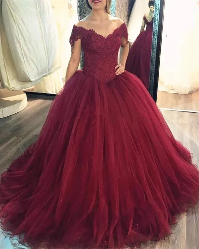 Ball Gowns Burgundy Wedding Dresses Lace Off The Shoulder Bridal Gown sold by My Chic Dress