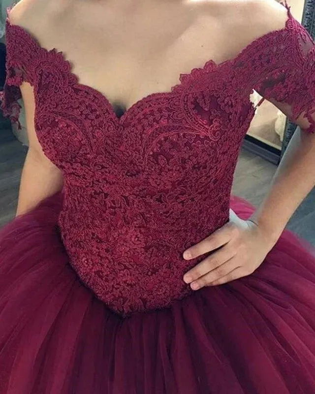 Ball Gowns Burgundy Wedding Dresses Lace Off The Shoulder Bridal Gown sold by My Chic Dress product image thumbnail 2