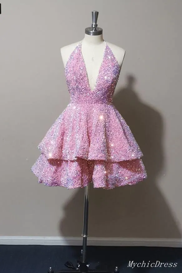 Sparkly Halter White Sequin Cocktail dresses 2025 Tiered Prom Dresses sold by My Chic Dress product image thumbnail 4