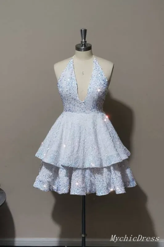 Sparkly Halter White Sequin Cocktail dresses 2025 Tiered Prom Dresses sold by My Chic Dress