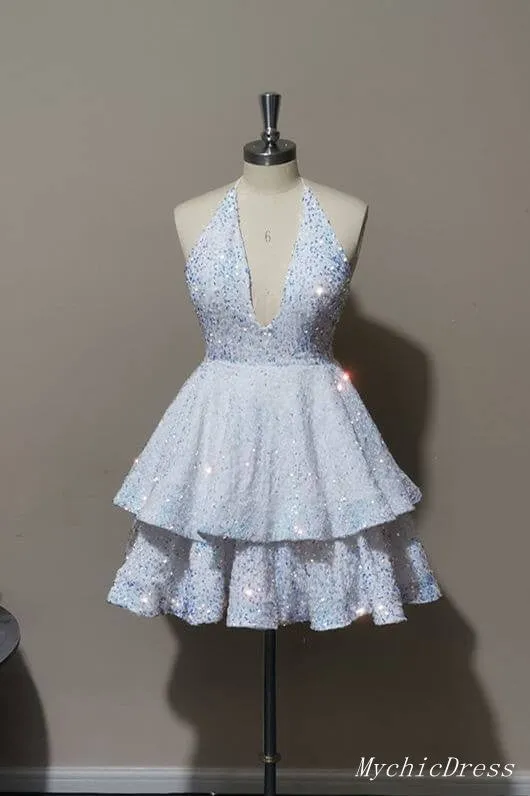 Sparkly Halter White Sequin Cocktail dresses 2025 Tiered Prom Dresses sold by My Chic Dress