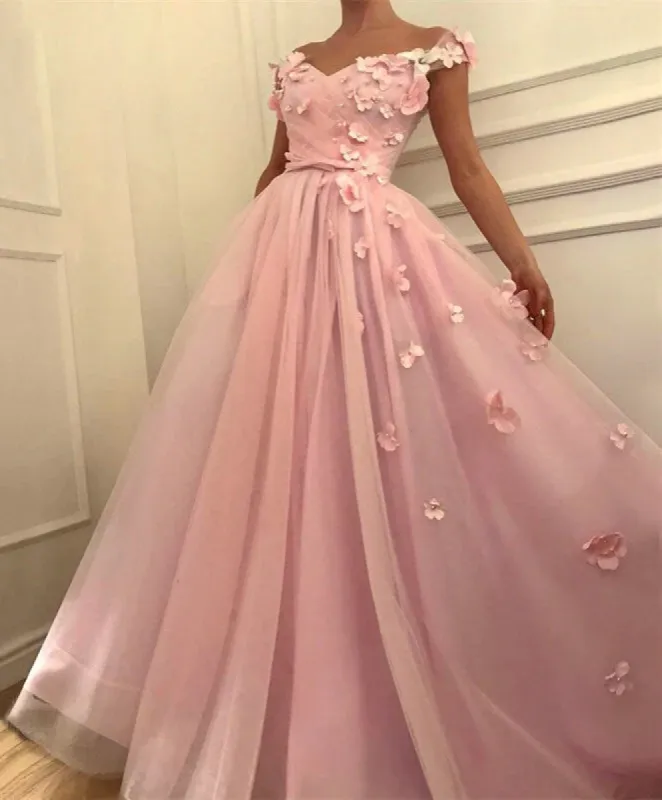 Long Pink Evening Gowns Flowers Tulle Off the Shoulder Prom Dresses Pearls sold by My Chic Dress