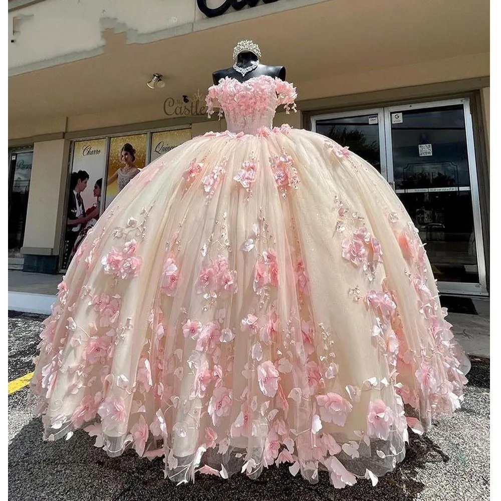 New 2025 Lace Pink Quinceanera Dress Off The Shoulder 3D Flowers Sweet 16 Dress sold by My Chic Dress