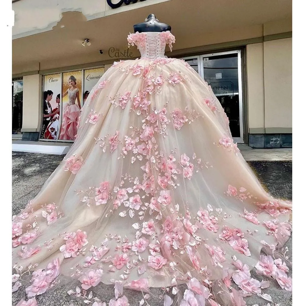 New 2025 Lace Pink Quinceanera Dress Off The Shoulder 3D Flowers Sweet 16 Dress sold by My Chic Dress product image thumbnail 2
