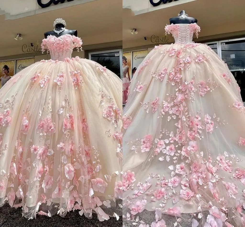 New 2025 Lace Pink Quinceanera Dress Off The Shoulder 3D Flowers Sweet 16 Dress sold by My Chic Dress product image thumbnail 3