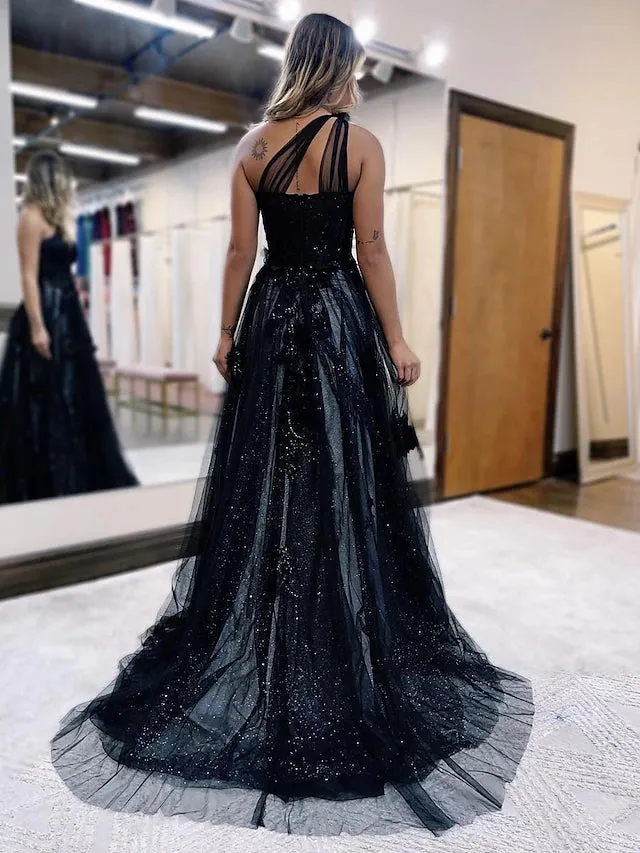 A-Line One Shoulder 2025 Prom Dresses Black Tulle Lace Formal Dress sold by My Chic Dress product image thumbnail 3