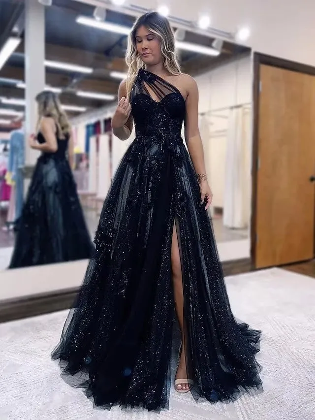 A-Line One Shoulder 2025 Prom Dresses Black Tulle Lace Formal Dress sold by My Chic Dress product image thumbnail 4