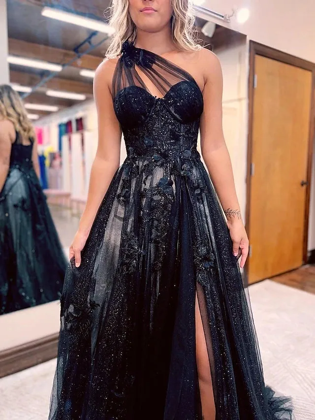 A-Line One Shoulder 2025 Prom Dresses Black Tulle Lace Formal Dress sold by My Chic Dress product image thumbnail 2