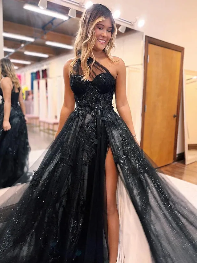 A-Line One Shoulder 2025 Prom Dresses Black Tulle Lace Formal Dress sold by My Chic Dress