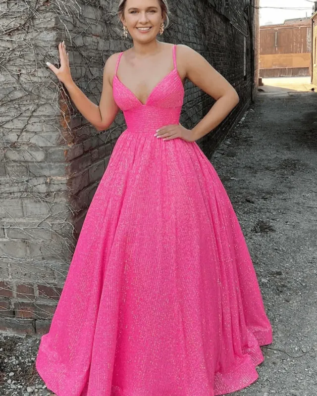 Sparkly Long Hot Pink Glitter Prom Dress A-Line V Neck Straps Formal Dresses sold by My Chic Dress