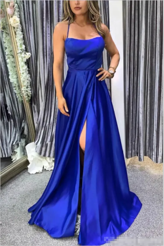 Simple Royal Blue Satin Prom Dresses Long Sleeveless Cheap Evening Dress UK sold by My Chic Dress